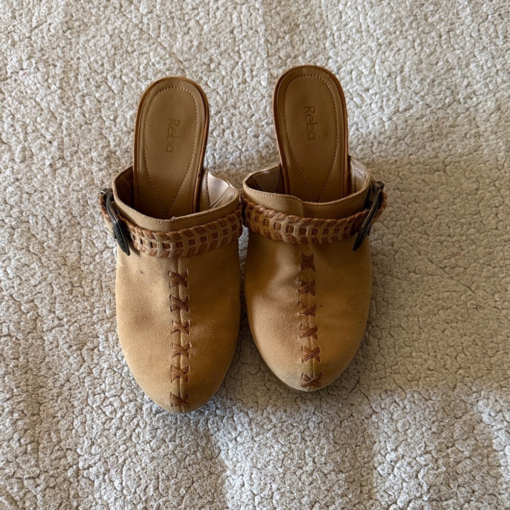 Reba Camel/Tan Suede Slip-On Mule Clogs with Woven Buckle Strap Size 9